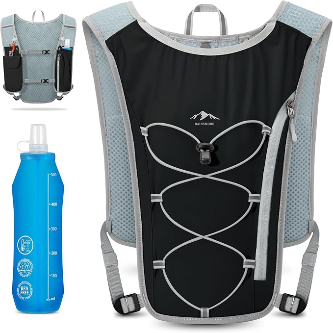 RAINSMORE Running Hydration Vest with 500ml Soft Flask, Waterproof Phone Pocket, Lightweight Hydration Pack, Adjustable No-Bounce Straps for Trail Running, Marathon, Cycling
