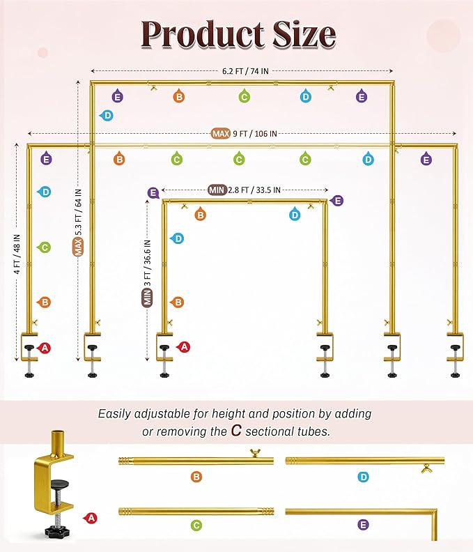 MEILIDY Over The Table Rod Stand with Clamps, Adjustable 33.5"-106" Length 36.6"-48" Height, Table Balloon Arch Backdrop Stand for Party Wedding Birthday Anniversary, Gold