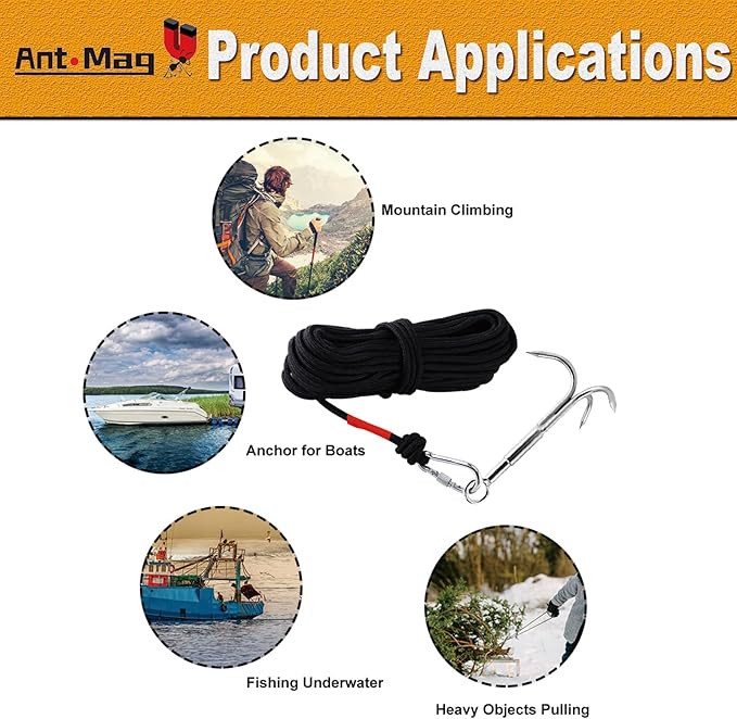 Ant Mag Grappling Hook with Claw Tips - Heavy Duty Stainless Steel Carabiner for Camping, Hiking, Tree Climbing, Water Retrieval & Salvage Operations