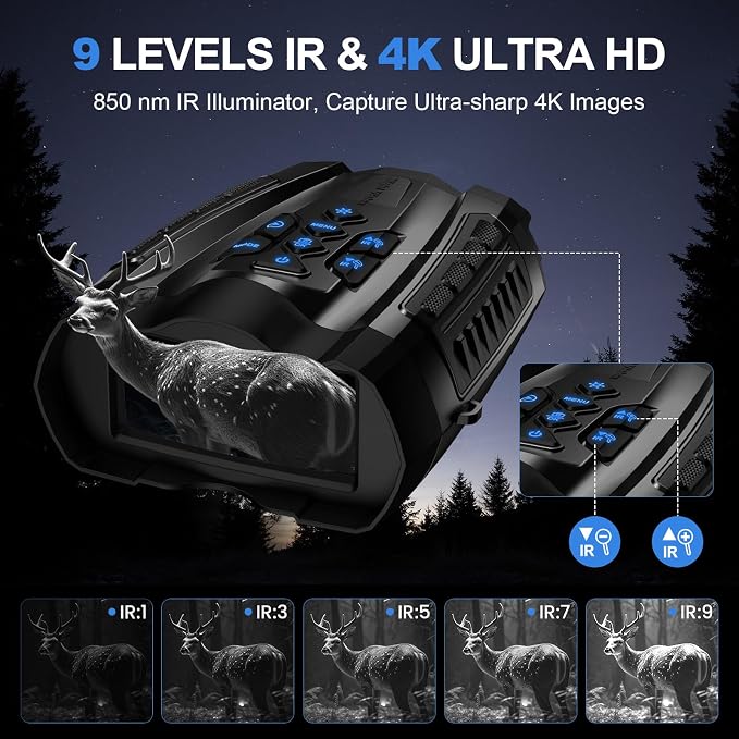 WARMTUYO Night Vision Goggles, 4K Binoculars with Camera, 3.5" HD Display and 32GB TF Card, 9 Gear Night Vision, 16X Digital Zoom, 5000mAh Battery Nightvision
