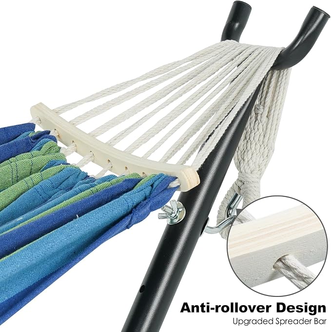 Gafete Double Hammock with Stand for Outside, Upgraded Spreader Bar, Heavy Duty Space Saving Steel Stand 2 Person, Side Pockets, Easy Assembly, 600lbs Weight Capacity, Indoor & Outdoor (Green Blue)