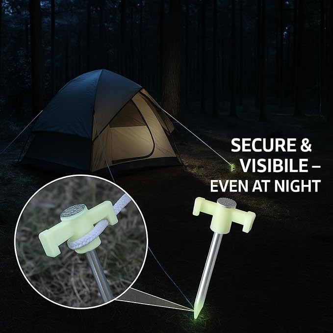 10" Glow in the Dark Tent Stakes - Unbreakable Rebar Stakes, Metal Stakes Heavy Duty, Camping Spikes with High Impact, 5/16" Diameter Corrosive Resistant Ground Anchor, Made in USA Metal Tent Anchors