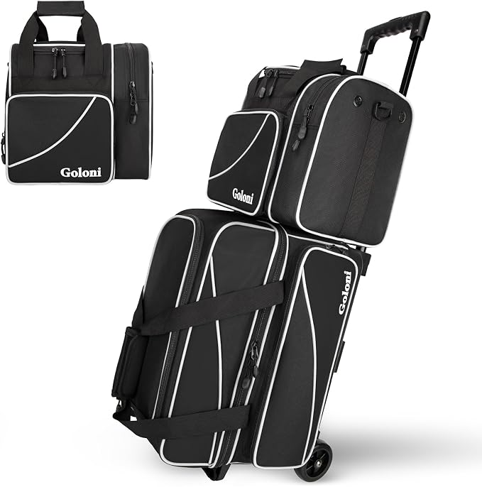Goloni 3 Ball Bowling Bag with Wheels, 2+1 Double Roller Bowling Bag with Shoe Compartment,Tote Bag for Bowling Accessories