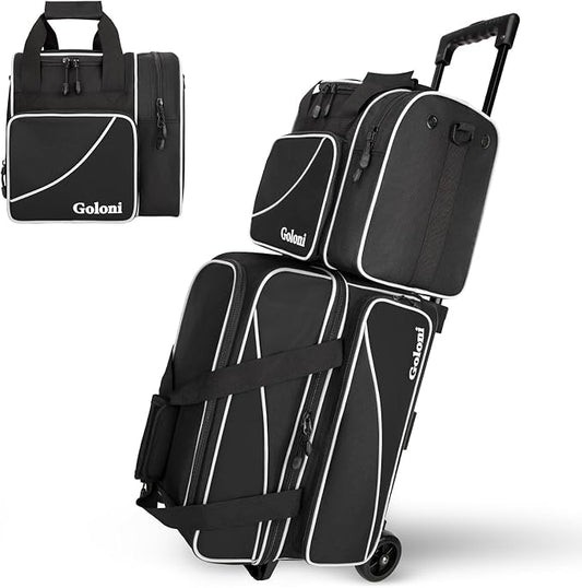 Goloni 3 Ball Bowling Bag with Wheels, 2+1 Double Roller Bowling Bag with Shoe Compartment,Tote Bag for Bowling Accessories