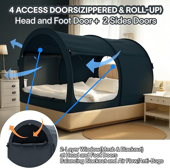 Alvantor® Canopy Bed Dream Privacy Space Full Sleeping Tents Indoor Pop Up Portable Frame Curtains Breathable Grey Cottage (Mattress Not Included) Reducing Light, Charcoal (2006)