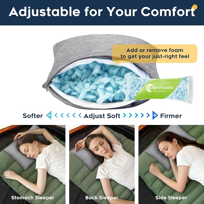 CushyOasis Memory Foam Pillows & All-in-1 Camping Pillow Set, Bed Pillow with Washable Cover