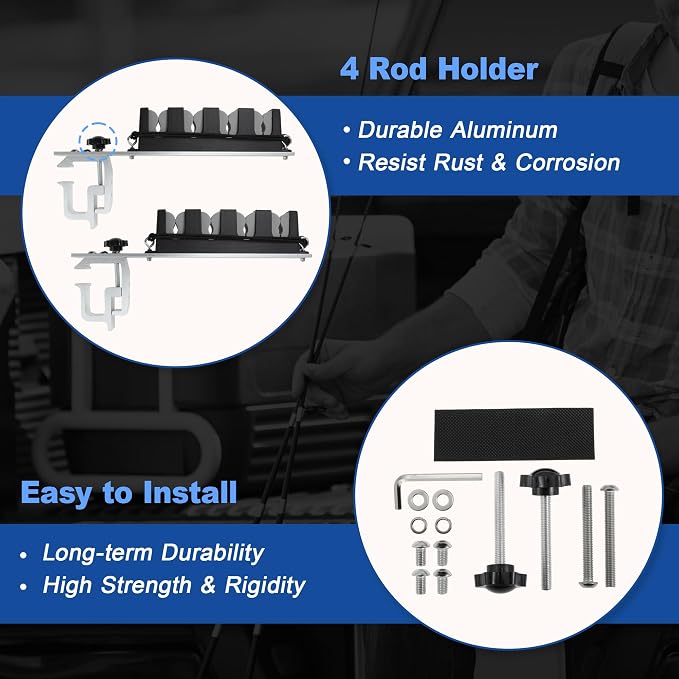 2x Aluminum Fishing Rod Holder for Truck Bed, 4 Rods Capacity, Stable C-Clamp Mount, Fishing Pole Storage Rack Holder for Truck Pickup Boat, Horizontally or Vertically Place