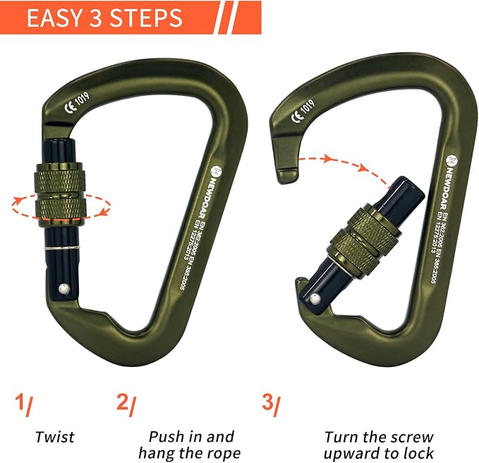 NewDoar CE Certified 30kN-6744lbs Climbing Carabiner Professional, Heavy Duty D Screwgate Clip, for Climbing,Rappelling,Hunting, Rescue