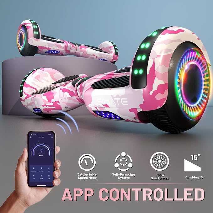 SIMATE Hoverboard, Bluetooth All Terrain Hover Boards with LED Lights and APP Control, Gifts for Kids Adults Girls Boys, for All Ages