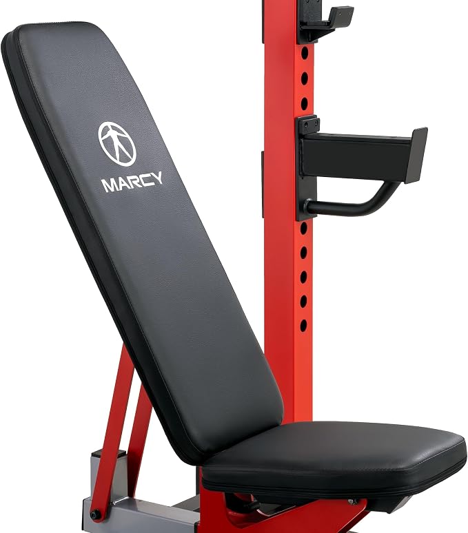 Marcy Deluxe Olympic Weight Bench with Adjustable Back & Bar Catch & Optional Arm Curl, Leg Developer, Lat Tower Attachments (Sold Separately), Personal Home Gym for Strength Training, Weightlifting