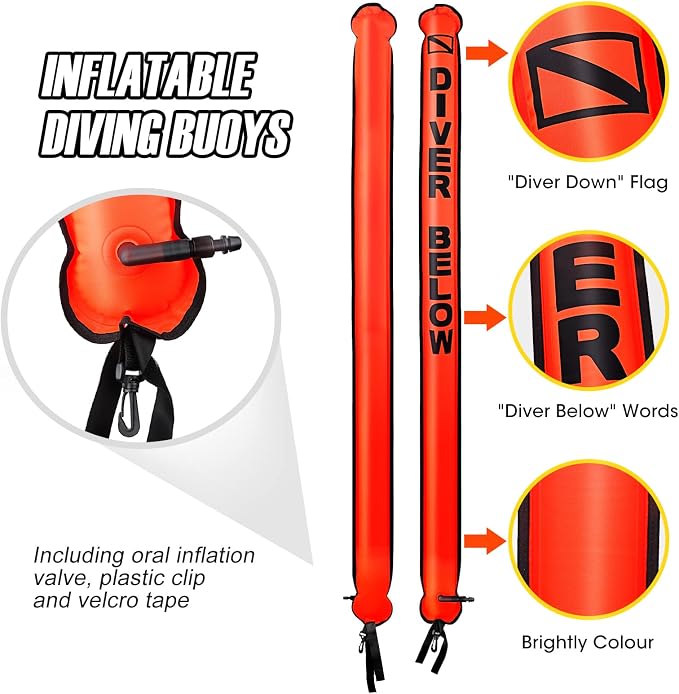 Surface Marker Buoy Set, 6ft Hi-Visibility Inflatable Closed Bottom Signal Tube Safety Sausage with 100ft/30m ABS Finger Spool Reel and Snap Kit for Underwater Scuba Diving