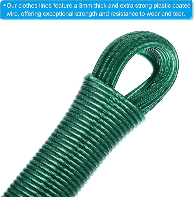 PATIKIL Plastic Coated Clothesline, 2 Pack 1/8 Inch x 66 FT Extra Strong Steel Core Clothes Lines Wire for Drying Clothes, Outside Hanging, Green