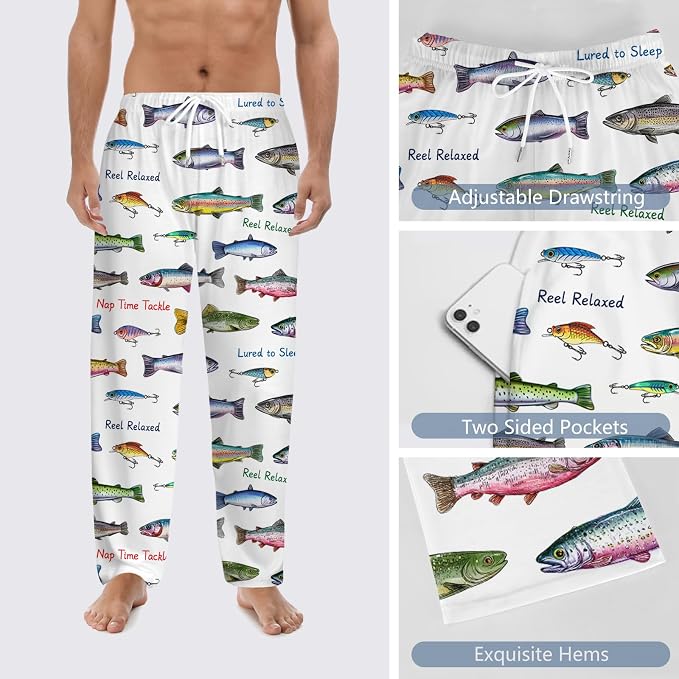 GNEW Fish Pajama Pants – Funny Fishing Lover Sleepwear, Cozy Unisex Lounge Pants Gift for Men Women
