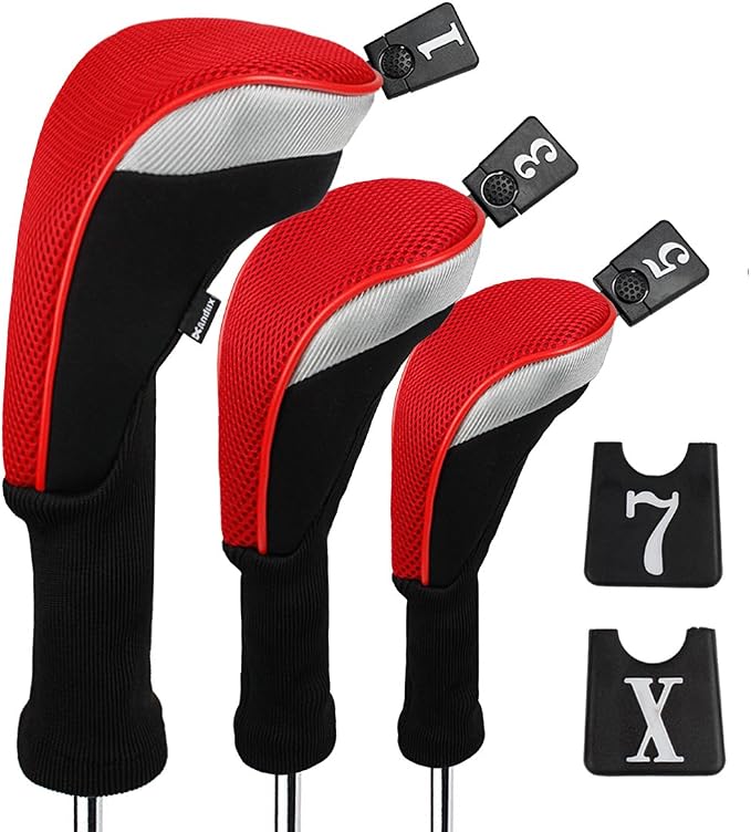 Andux 3pcs/Set Golf 460cc Driver Wood Club Head Covers Long Neck | for Driver Fairway Wood with Interchangeable No. Tags Mesh Breathable material Coloured Piping Pull-On Closure