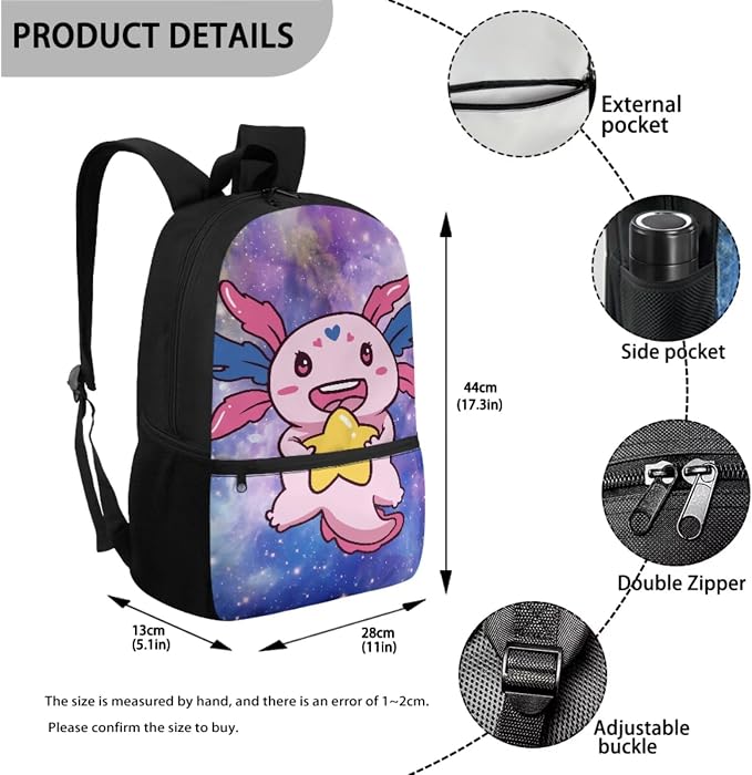 Axolotl Backpack for Kids School Bag with Lunch Bag Boys Girls Bookbag with Lunch Box Pencil Case Water Bottle Holder 4 PCS Back to School Supplies, Cute Axolotl with Stars Print
