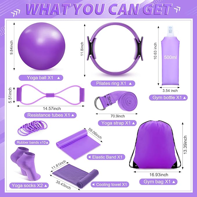 Halloscume 24 Pcs Pilates Kit, Home Pilate Equipment for Women, Pilates Ring and Ball Set with Stretching Strap, Water Bottle, Magic Circle, Yoga Ring, Gym Bag, Resistance Band, Anti Slip Sock
