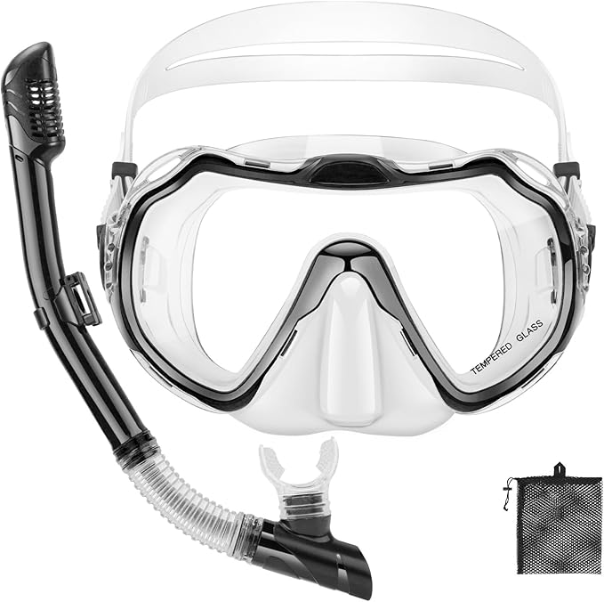 Snorkeling Gear for Adults, Adult Snorkel Set with Panoramic Anti-Leak and Anti-Fog Tempered Glass Snorkel Mask, Dry Top Snorkel, Snorkle Mask Set Adult with Mesh Bag Ear Plug for Snorkeling
