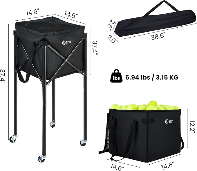 Portable Tennis Ball Hopper & Pickleball Basket, Foldable Tennis Ball Cart with Storage Bag, Multi-Sport Ball Collector for Training & Practice