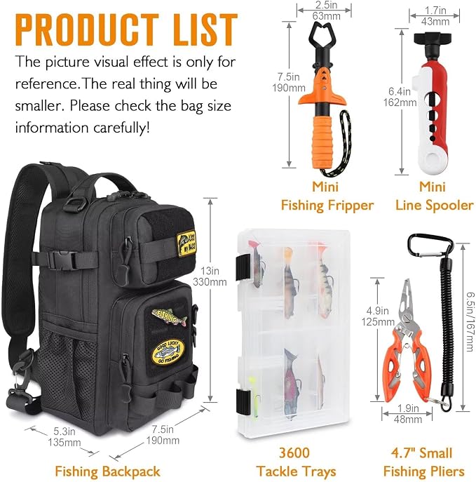 Dovesun Small Fishing Backpack Fishing Sling Bag with 3600 Tackle Box Small Tackle Backpack with Tool Set Black