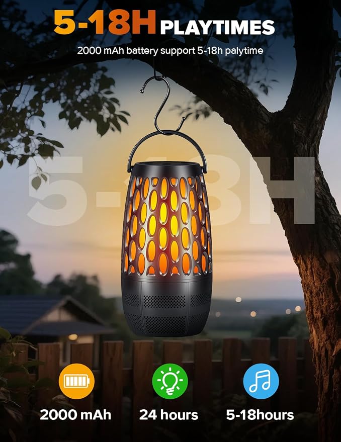 Outdoor Speakers with Flame & RGB Lights, 10W HD Stereo, Bluetooth 5.3 Auto-Pairing, Multi-Sync 100+ Speakers, IPX6 Waterproof, Perfect for Patio, Pool, Party | Gifts for Men & Women (2Pack)