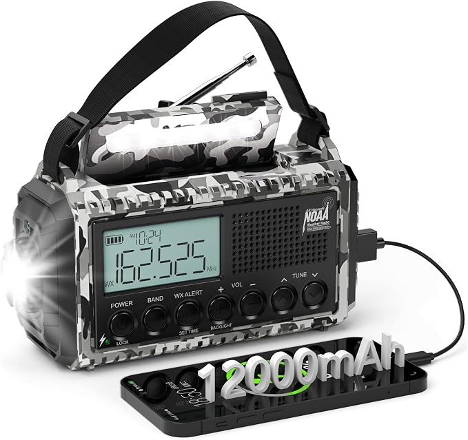 Emergency Radio 12000mAh AUTO NOAA Weather Radio, Solar Hand Crank Portable AM/FM Shortwave Radio with Rechargeable Battery Powered, Flashlight, Reading Lamp, SOS Alarm for Indoor Outdoor Emergencies