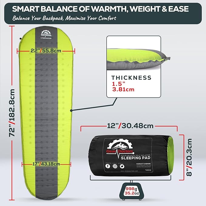 Gear Doctors® Oxylus 4.3 R-Value Insulated Foam Self Inflating Sleeping Pad Camping — Sleeping Pad Backpacking Air Mattress—Camping Mattress Self Inflating Camp Mat 4 Seasons Sleep Mat—Camp/Floor/Tent