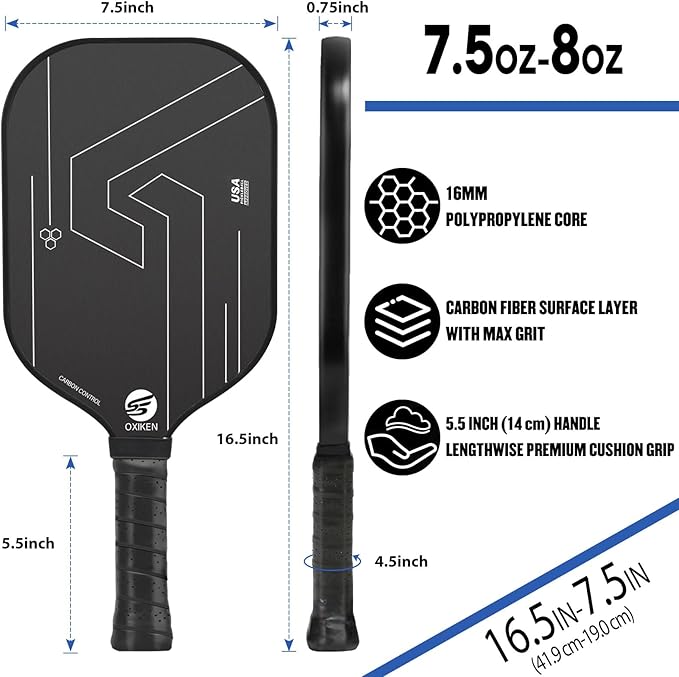 OXIKEN 16 mm Pickleball Paddles 2026 USAPA Approved T700 Carbon Fiber Pickle Paddle (CFS), High Grit & Spin, Honeycomb Core, 5.5” Elongated Handle, Anti Slip Sweat Absorbing Grip with Cover Case