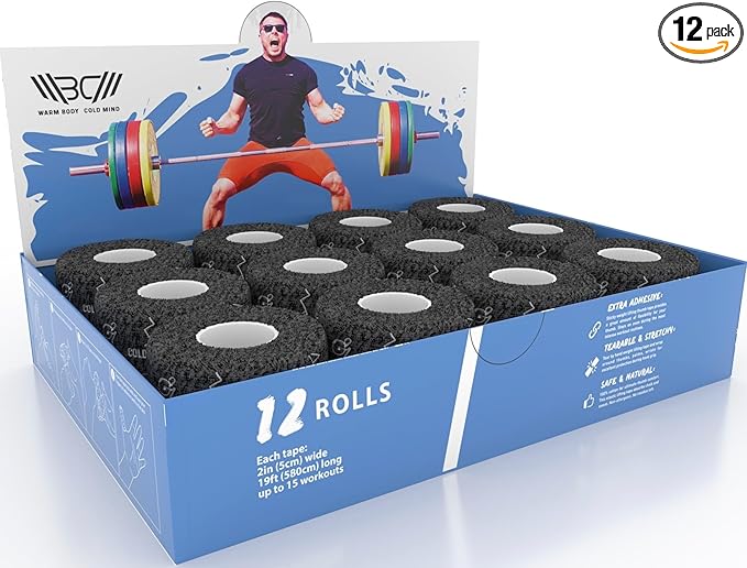 WARM BODY COLD MIND 1.85" Weightlifting Thumb Tape - Hook Grip Tape for Powerlifting, Cross Training, Gym Tape, Workout, Weight Lifting Tape, Athletic Finger Wrap (BlackFocus 12 Rolls)