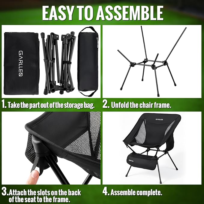 GARLLEN Portable Camping Chair 220LBS Capacity, Folding Backpacking Chair with Both Side Pockets, Folding Travel Chair with Carrying Bag & Anti-Slip Feet for Camping, Hiking, Picnic, Beach