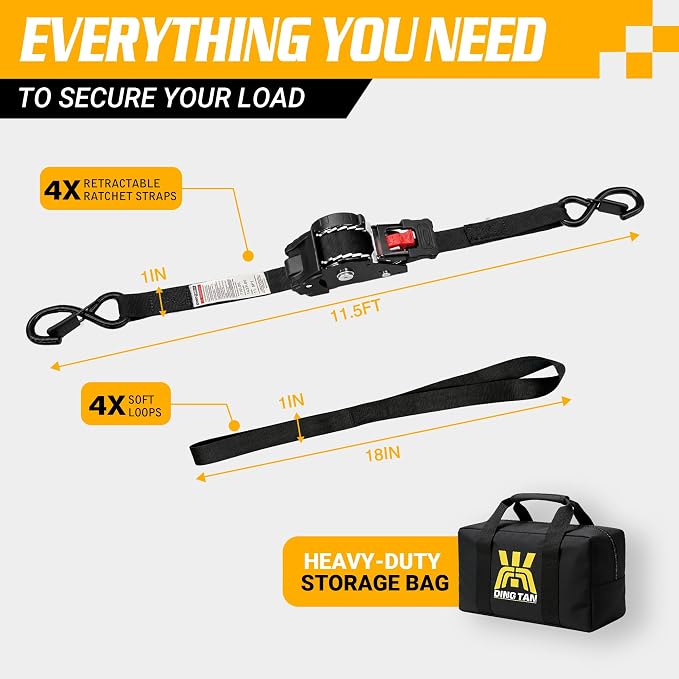 Retractable Ratchet Straps (4-Pack) - 1'' x 11.5' (1,800lb Break Strength) - Heavy Duty Auto Self Retracting Tie Down Straps for Truck, Cargo Trailer, Motorcycle, Rad & More - Black