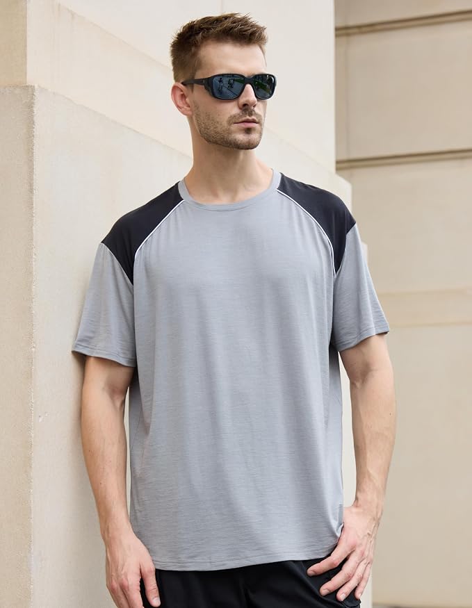 Merino Wool Crewneck T Shirts for Men for Athletic Running Workout, Lightweight Mens Moisture Wicking Shirts