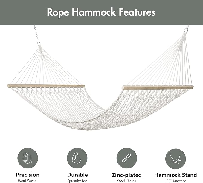 ANOW Outdoor Rope Hammock with Spreader Bars, Heavy Duty Hammock with Pad for Outdoors Indoors, 450 LBS Weight Capacity, Gray