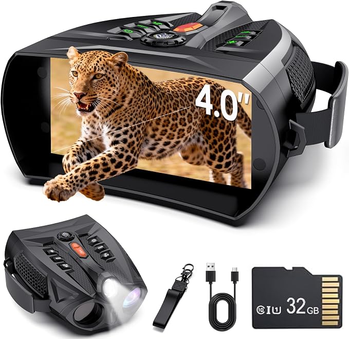Night Vision Goggles, 4K Night Vision Binoculars for Adults with 10X Digital Zoom, 7-Level IR, 5000mAh Rechargeable Battery, 4'' HD Screen, Flashlight & 32GB TF Card for Hunting, Camping, Security