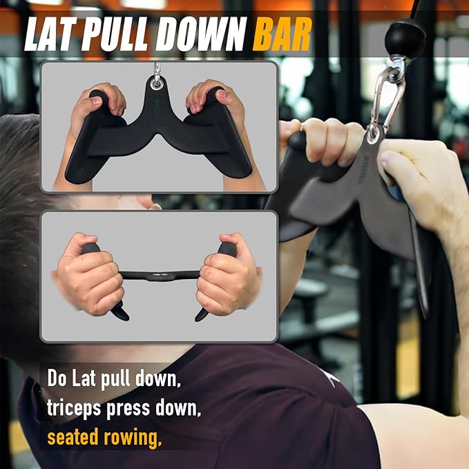 MARSAFIT Home Gym Fitness Rowing T-bar V-bar Pulley Cable Machine Attachment, Bicep Curl Tricep LAT pulldown Bar Back Strength Training Handle Grips LAT Pull Down Bar for Seat Row Workout