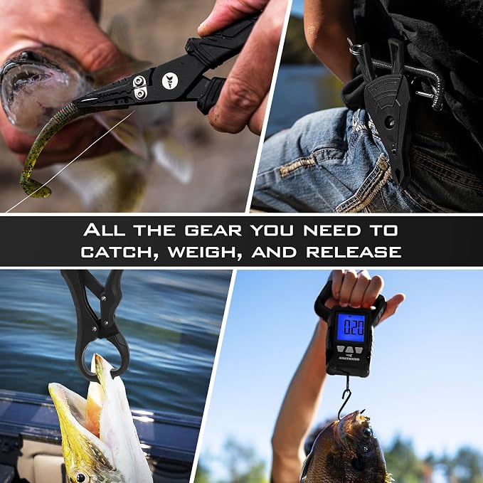 KastKing Fishing Pliers, Fish Lip Gripper or Fish Scale Combo Saltwater Resistant Fishing Tools, Fishing Gear with Rubber Handle, Lanyard, Line Cutter Hook Remover with Sheath, Ice Fishing Gift Men