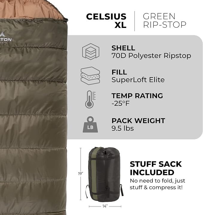 Teton Celsius XL, 25F, 20F, 0F Degree Sleeping Bags, All Weather Warm Sleeping Bag for Adults and Kids, Camping Season, Compression Sack Included