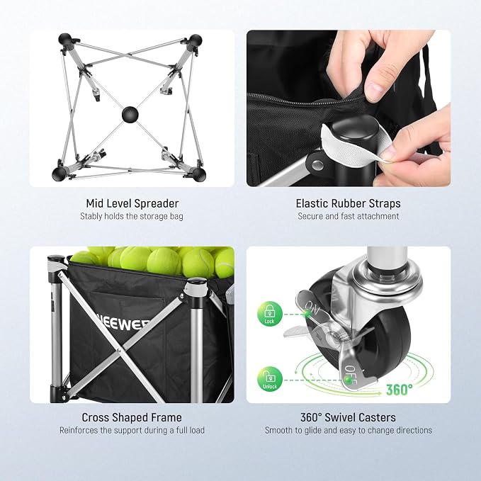 NEEWER Tennis Ball Hopper, Pickleball Retriever Collector Basket Cart Holder Tennis Court Equipment Accessory for Training Teaching