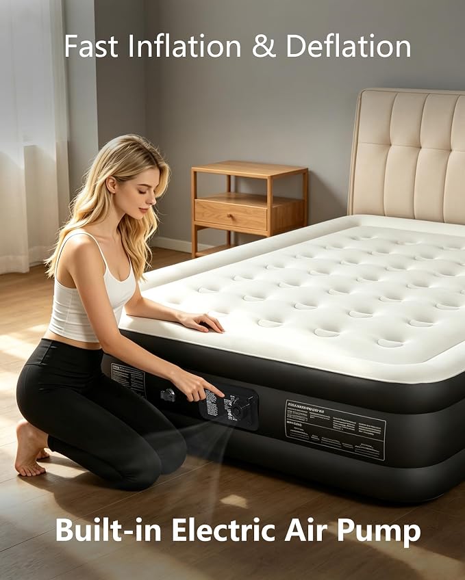 air Mattress Queen with Built in Pump – 18-Inch Thickened Inflatable Mattress for Easy Travel, Supports Up to 650 Pounds Pounds (Black, Queen)
