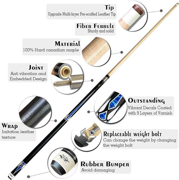 Tai ba cues 2-Piece Pool cue Stick + Hard Case, 13mm Tip, 58", Hardwood Canadian Maple Professional Billiard Pool Cue Stick 18,19,20,21,22 Oz Pool Stick (Selectable)-Blue, Black, Red, Gray, Green