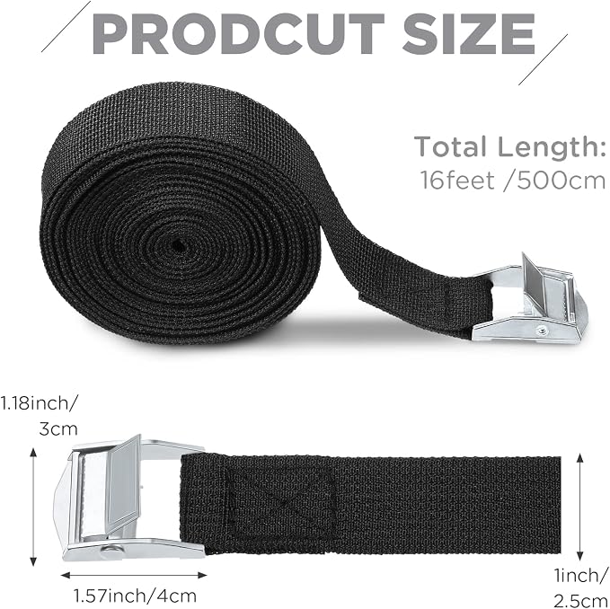 Riakrum 15 Pack 16 Feet Lashing Straps Adjustable Kayaks Tie Down Cam Buckle Straps with Buckles up to 250lbs for Cargo, Luggage, Motorcycles, Truck, Car Roof Rack, Sup Surfboard(Black)