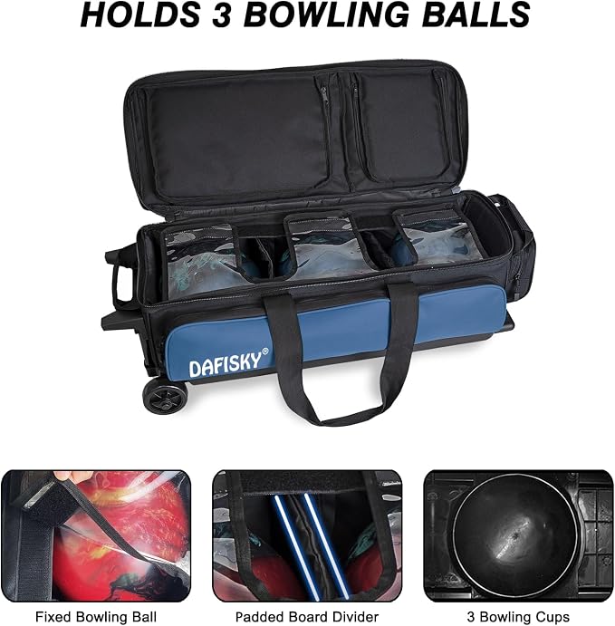 DAFISKY 3 Ball Bowling Bags with Wheels, Roller Bowling Bag with Multiple Pockets Retractable Handle Extends to 38‘’