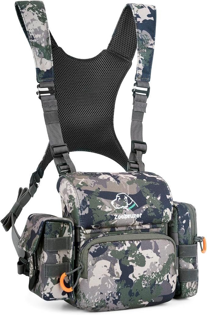 Binocular Harness Chest Pack, Bino Harness Bag with Rangefinder Pouch & Rain Cover, Molle System Multifunction Hunting Pack
