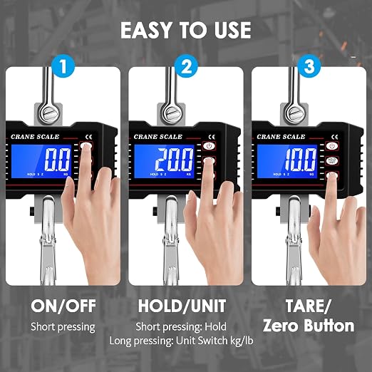 1000kg Heavy Duty Crane Scale, Digital Hanging Scale with Backlit LCD, Data Hold, Tare & Unit Switch, Auto Off, Aluminum Alloy Industrial Scale for Factory Construction Farm