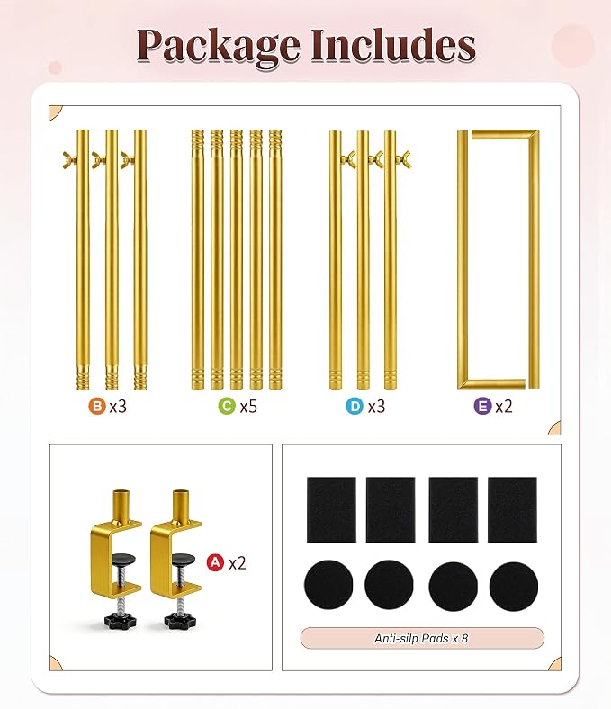 MEILIDY Over The Table Rod Stand with Clamps, Adjustable 33.5"-106" Length 36.6"-48" Height, Table Balloon Arch Backdrop Stand for Party Wedding Birthday Anniversary, Gold