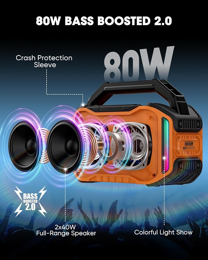 ANCOON Speakers Bluetooth Wireless: 80W(Peak) Loud Speaker with Bass, 20H Playtime, IPX6 Waterproof, Large Jobsite Speakers for Work, Outdoor, Workshop, Garage, Portable Speaker with TWS (Orange)