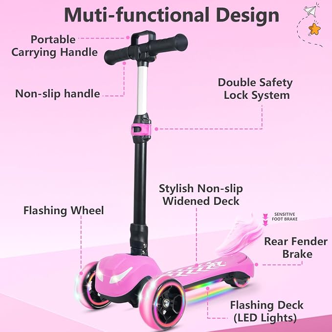 Electric Scooter for Kids Ages 3-12, Full Body Lights Up, Wide Deck, 3 Adjustable Heights, 5MPH Safe Speed, 90min Riding, Foldable 3 Wheel Electric Scooter for Kids Boys Girls Toddler