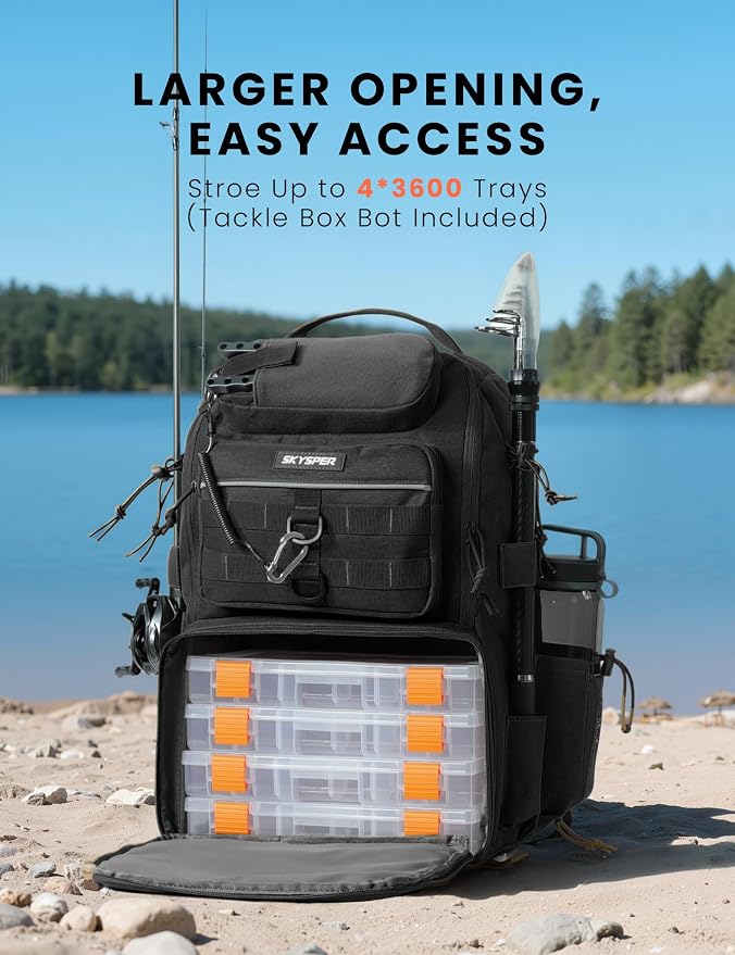 SKYSPER Tackle Backpack Fishing Bags with Rod Holder, 40L Water-Resistant Tackle Box Storage Bag for Fishing Gear Lures(Black)