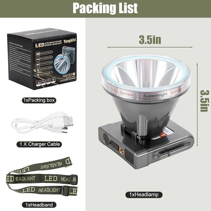 Super Lightweight Ultra-Thin Polymer Battery LED Headlamp with Motion Sensor, Battery Level Display, 5 Modes High Brightness Waterproof, Perfect for Camping, Hiking, Fishing (YK-313 White Light)