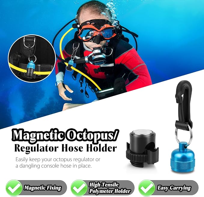 2PACK Scuba Regulator Hose Holder, Magnetic Adjustable Octopus Holder Octo Tank Retainer with Clip, Installs to Your BCD Easily!