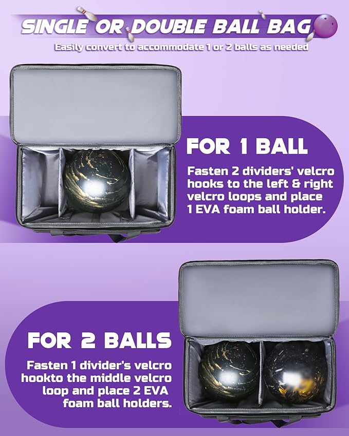 Convertible Bowling Bag with Wheels - Roller Bag for 1 or 2 Balls - EVA Foam Ball Cup - Rolling Tote for Bowling Accessories - Gifts for Youth & Adults